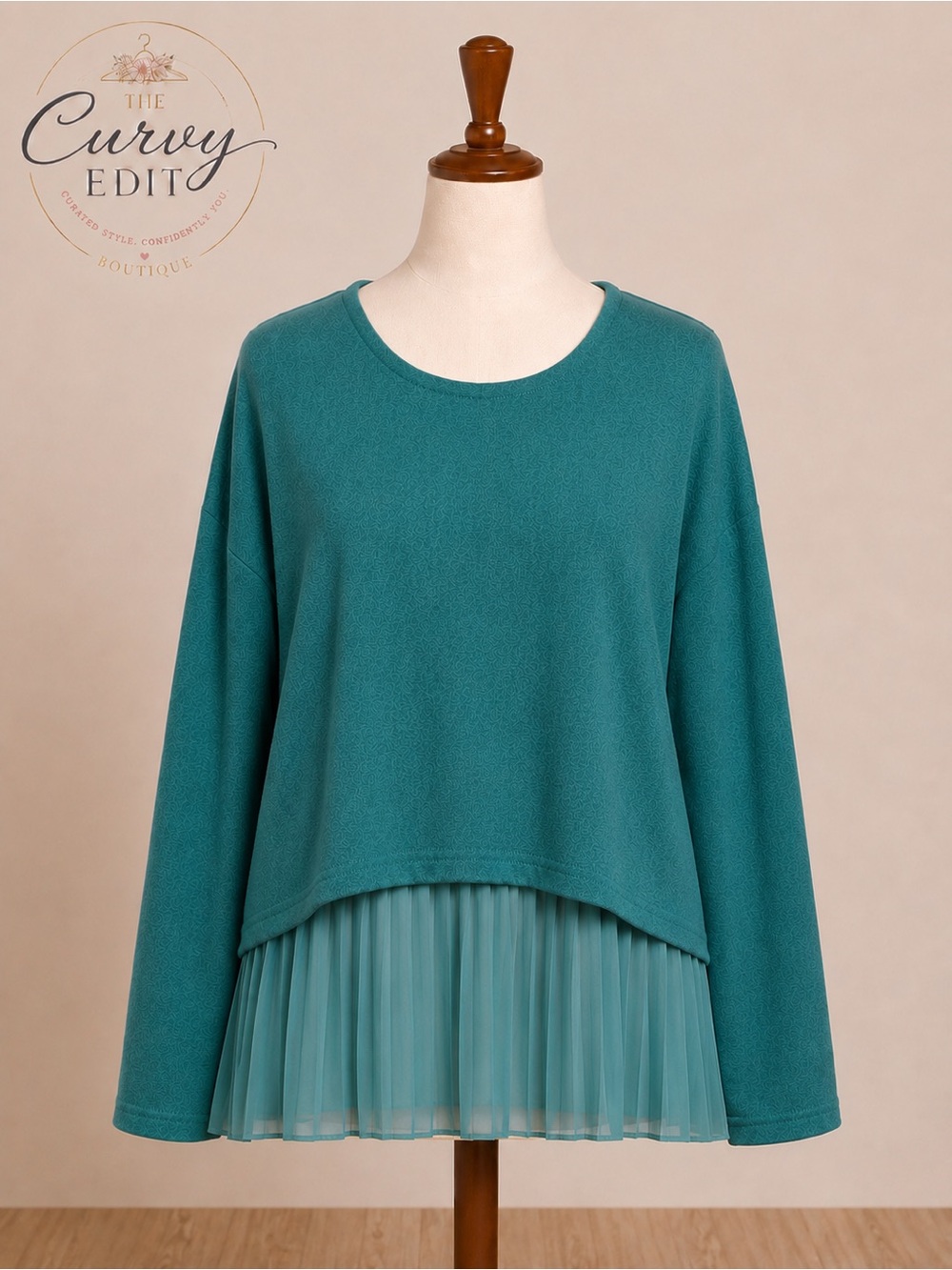 Lauren Conrad XXL Teal Pleated Chiffon Hem Sweater Layered Look Top Casual Chic